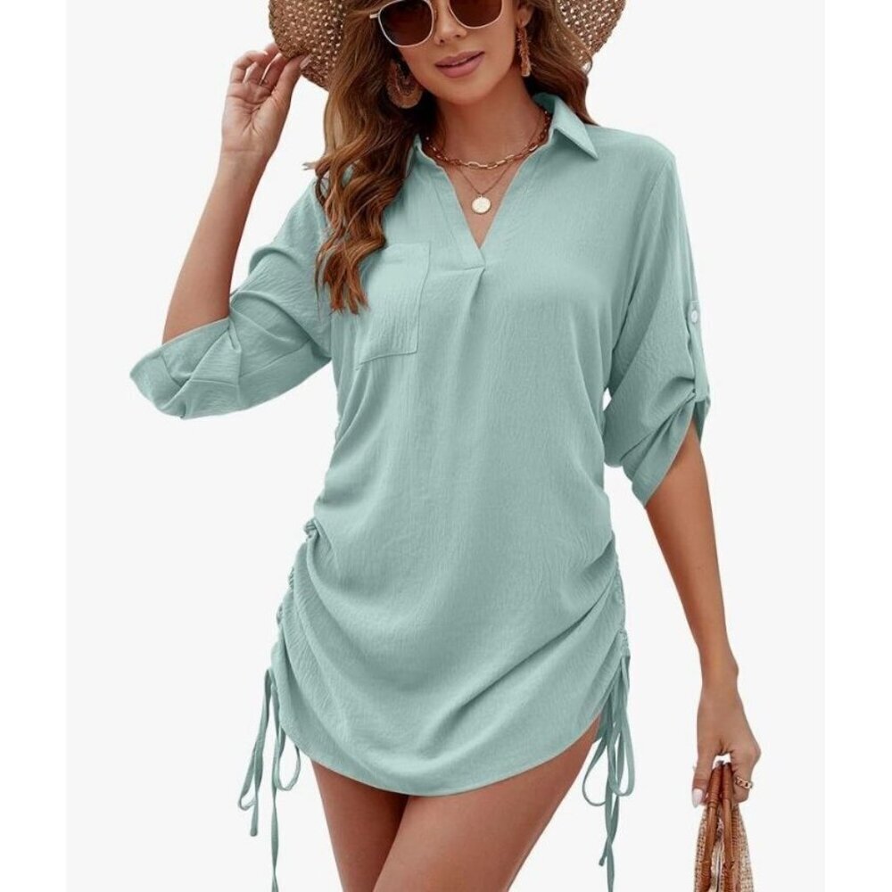 Bluetime Women's Bathing Suit Cover Up V Neck 3/4 Sleeve Casual 2XL Sage Green